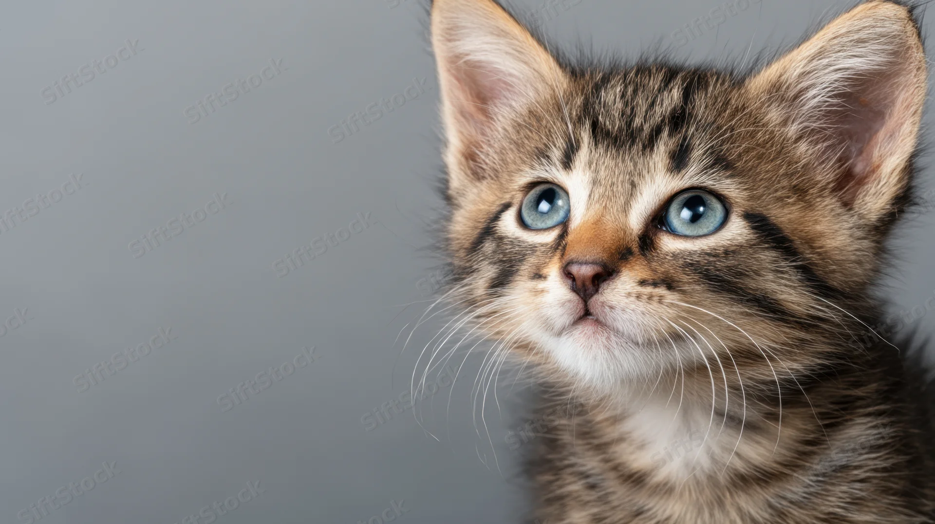 Fluffy tabby kitten with blue eyes gazing curiously against gray background