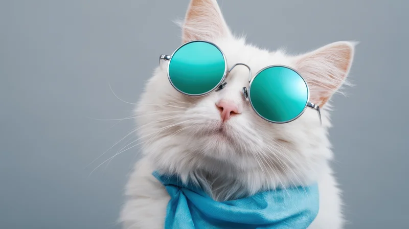 Fluffy white cat wearing round teal sunglasses and a blue bandana in studio portrait