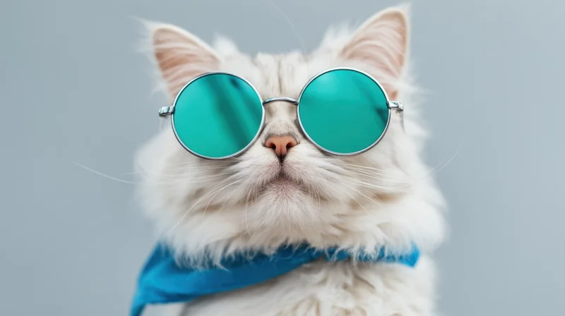 Fluffy white cat wearing round teal sunglasses and blue bandana in studio portrait