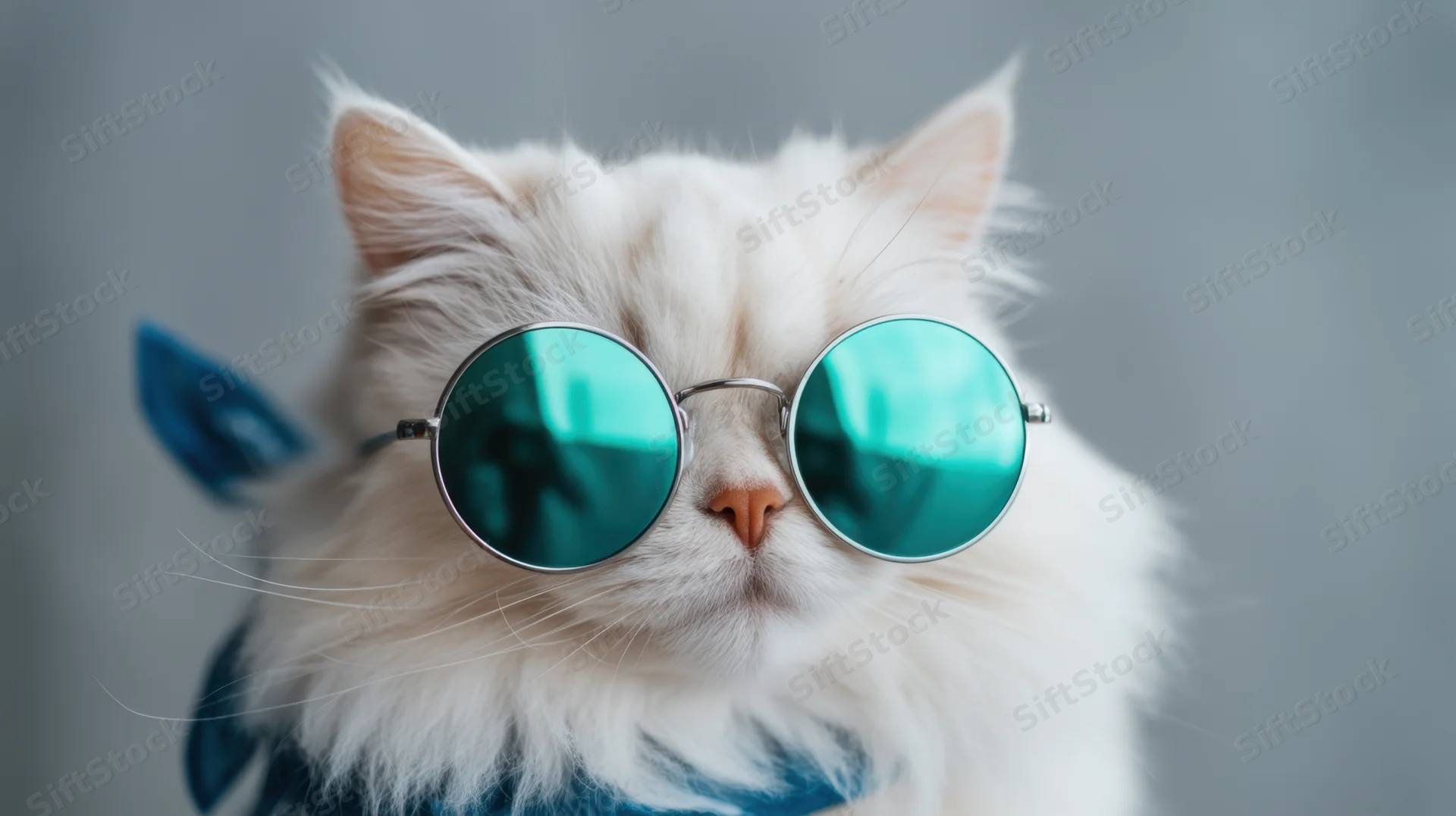 Fluffy white cat wearing round teal sunglasses in a studio portrait