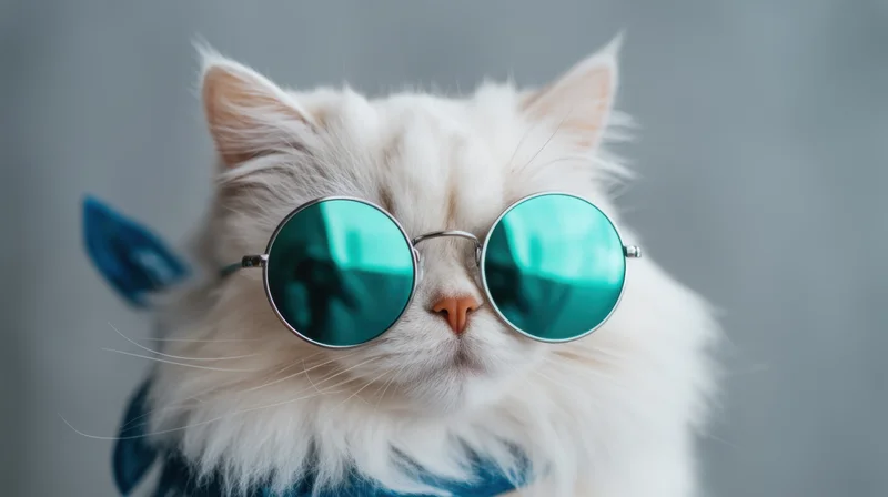 Fluffy white cat wearing round teal sunglasses in a studio portrait