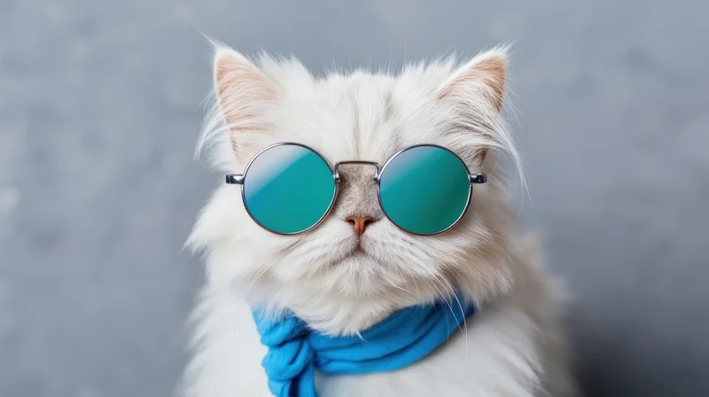 Fluffy white cat wearing round blue sunglasses and a blue scarf in studio portrait