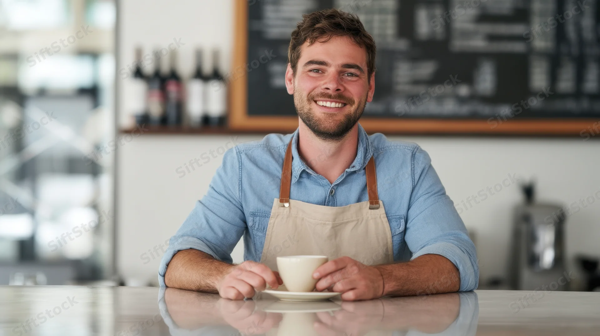 Smiling barista in apron holding coffee cup at cafe counter