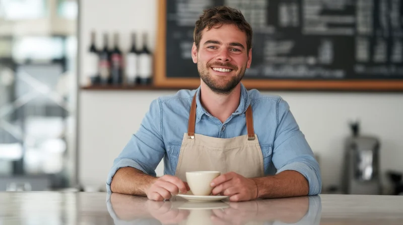 Smiling barista in apron holding coffee cup at cafe counter