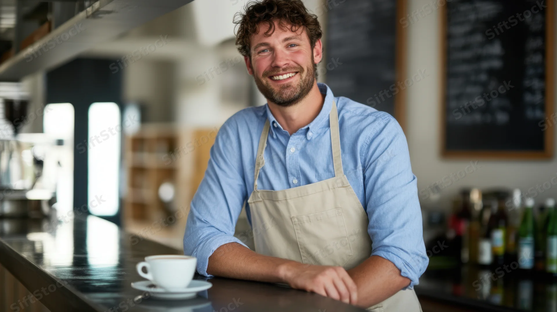 Smiling barista leaning on cafe counter with coffee cup in front