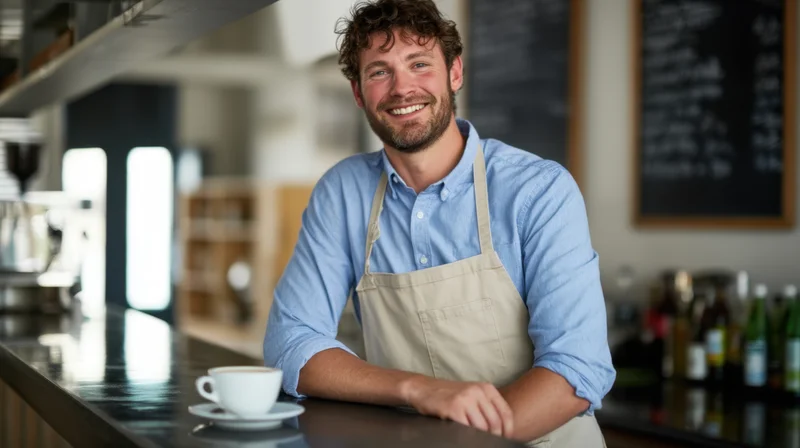 Smiling barista leaning on cafe counter with coffee cup in front