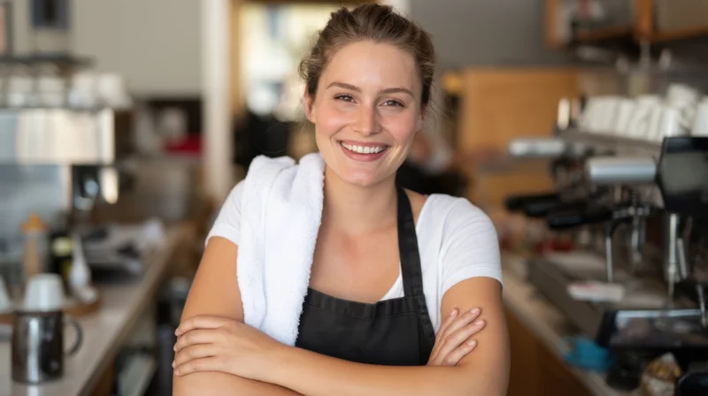 Smiling barista with arms crossed and towel over shoulder in coffee shop