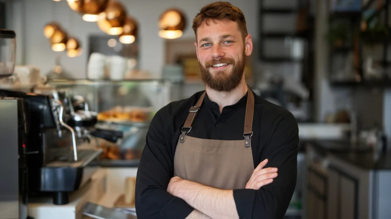 Bearded man in apron smiling with arms crossed in coffee shop interior