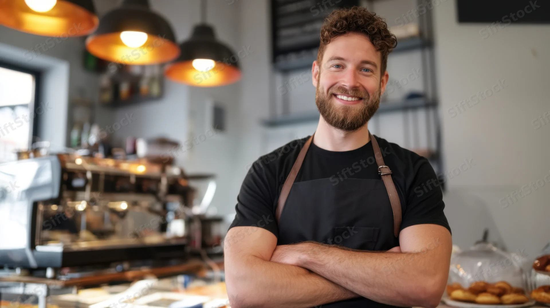 Smiling bearded barista with arms crossed standing in a coffee shop interior