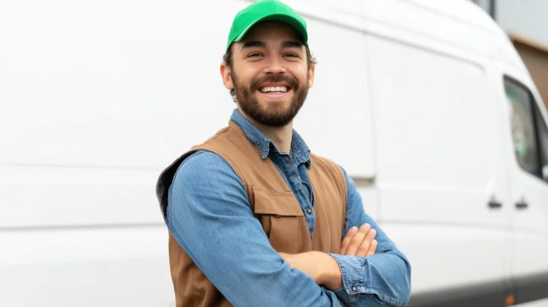 Smiling delivery driver with arms crossed standing in front of white van