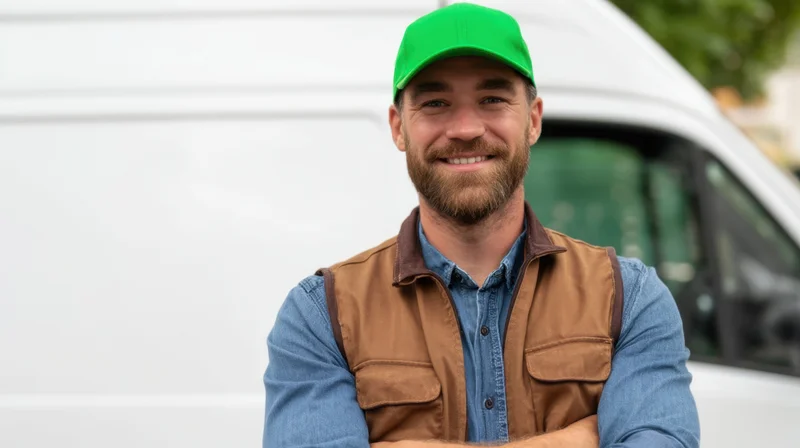 Smiling delivery driver with arms crossed standing in front of white van
