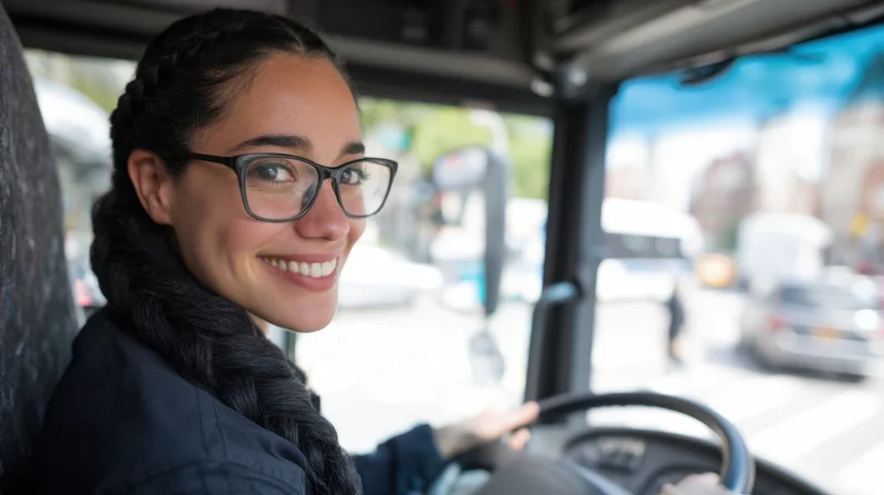 Smiling woman driver in bus cabin holding steering wheel