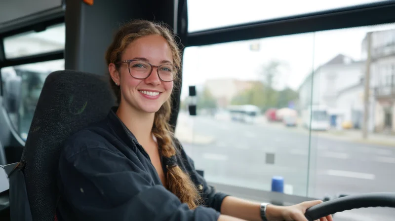Smiling woman bus driver at steering wheel inside vehicle cabin