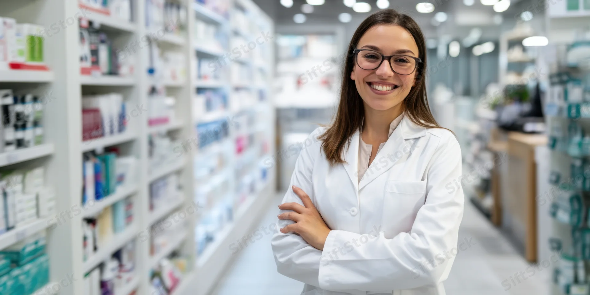 Smiling female pharmacist in white lab coat with arms crossed standing in pharmacy aisle