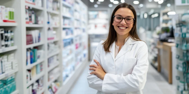 Smiling female pharmacist in white lab coat with arms crossed standing in pharmacy aisle