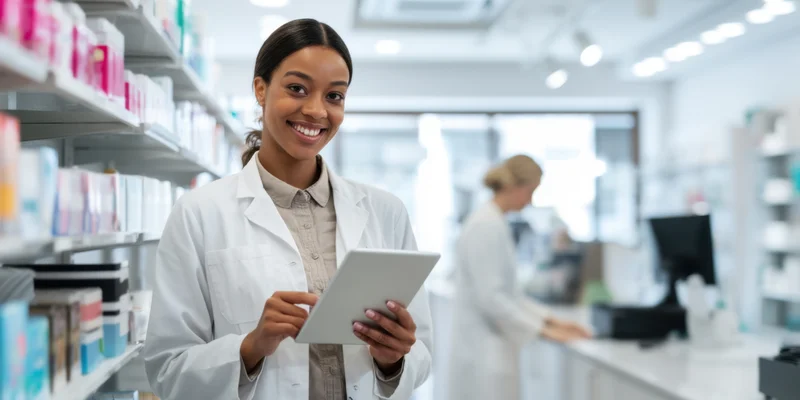 Smiling female pharmacist holding tablet in pharmacy aisle