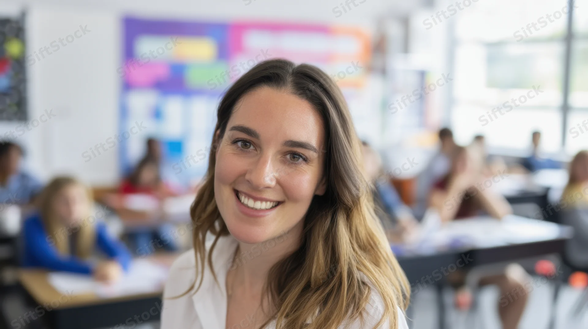 Smiling female teacher in classroom with students at desks