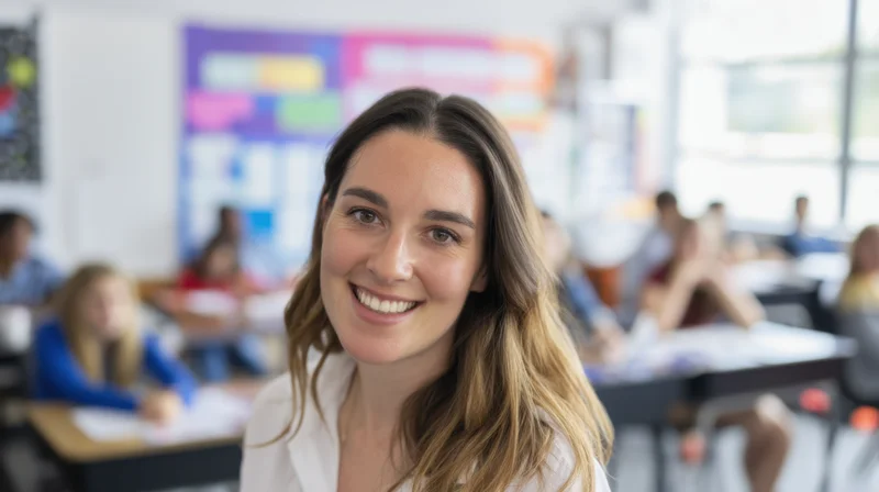 Smiling female teacher in classroom with students at desks