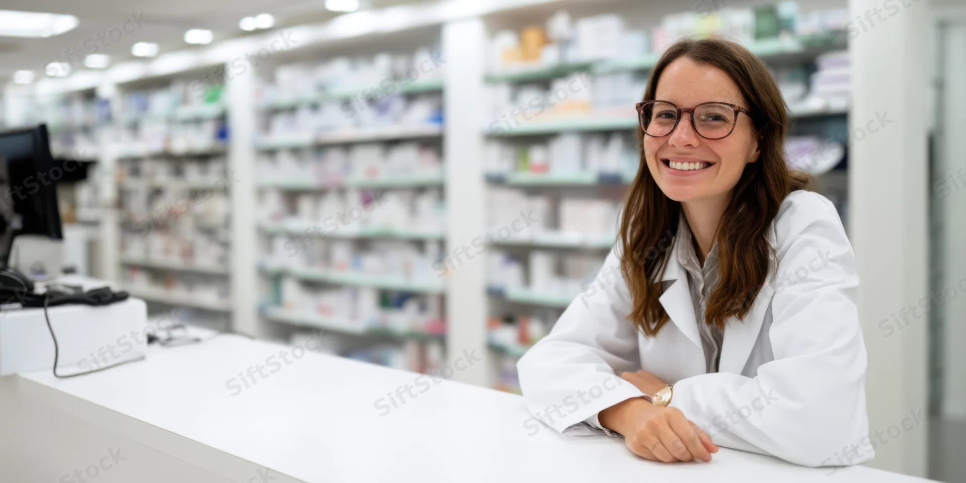 Smiling woman pharmacist leaning on pharmacy counter with shelves of medication behind her