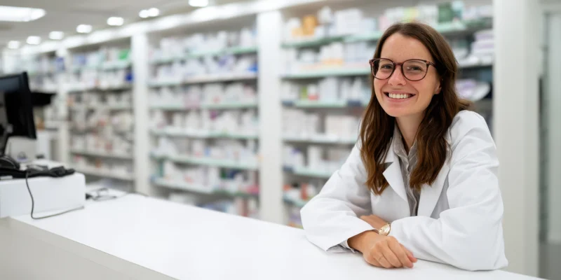 Smiling woman pharmacist leaning on pharmacy counter with shelves of medication behind her