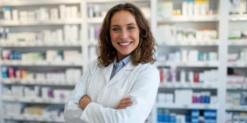Smiling woman pharmacist in white lab coat with arms crossed in pharmacy setting