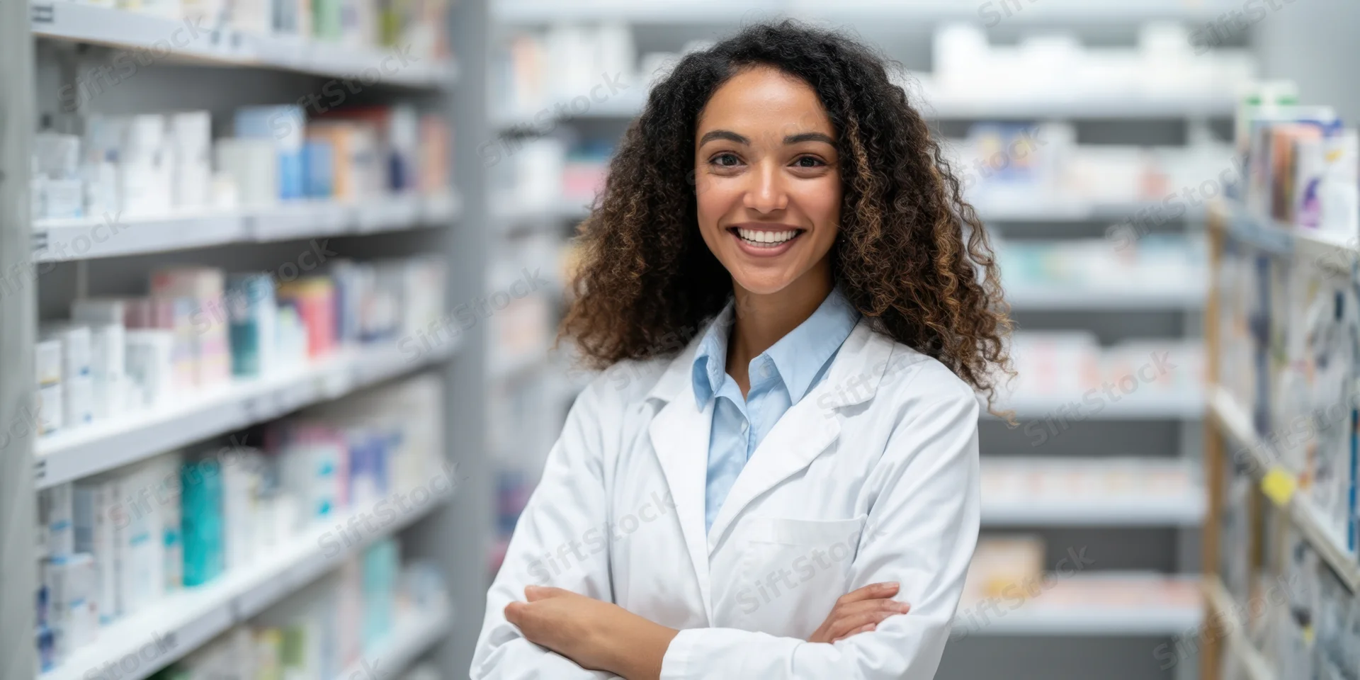 Smiling woman pharmacist in white lab coat with arms crossed in pharmacy aisle