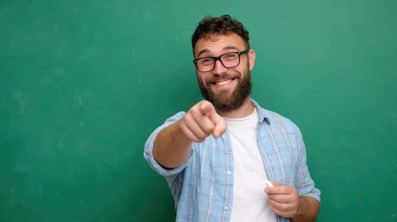 Smiling teacher pointing at camera in front of green chalkboard