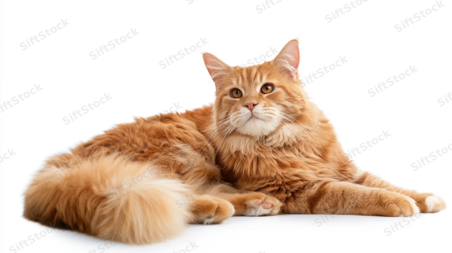 Ginger maine coon cat lying down on white background