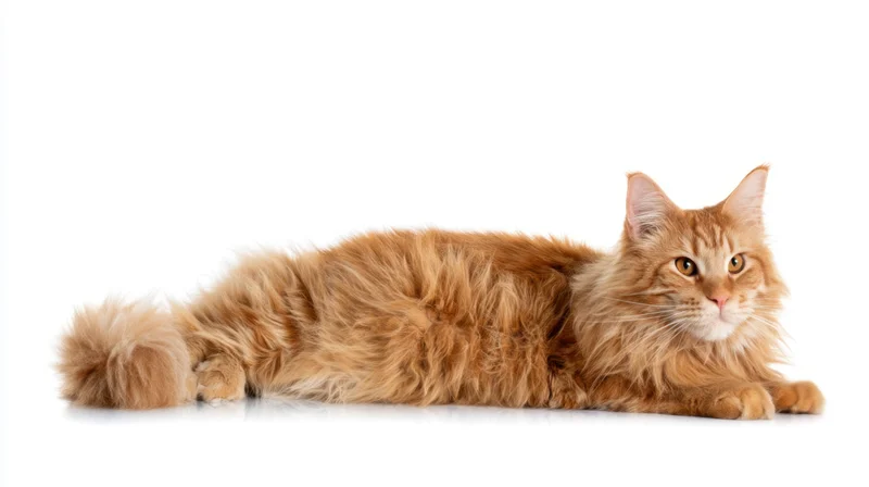 Ginger maine coon cat lying down on white background
