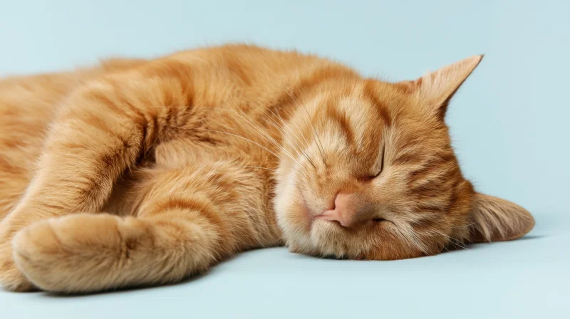 Ginger cat sleeping on a light blue surface in a studio setting
