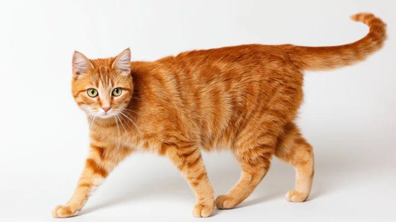 Ginger tabby cat walking in profile against white background