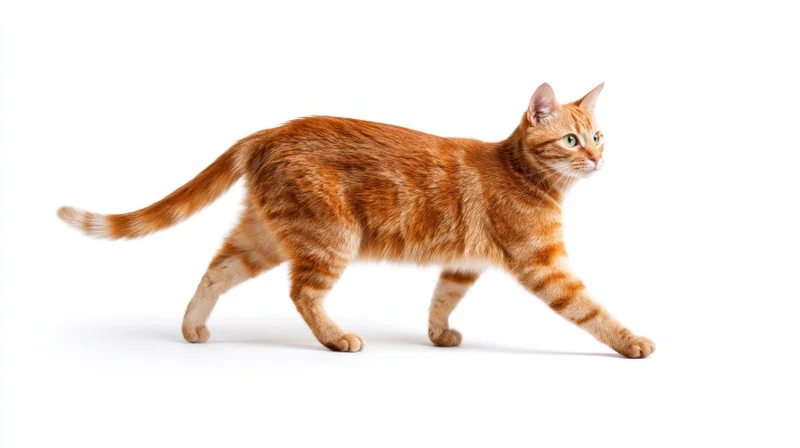 Ginger tabby cat walking in profile against white background