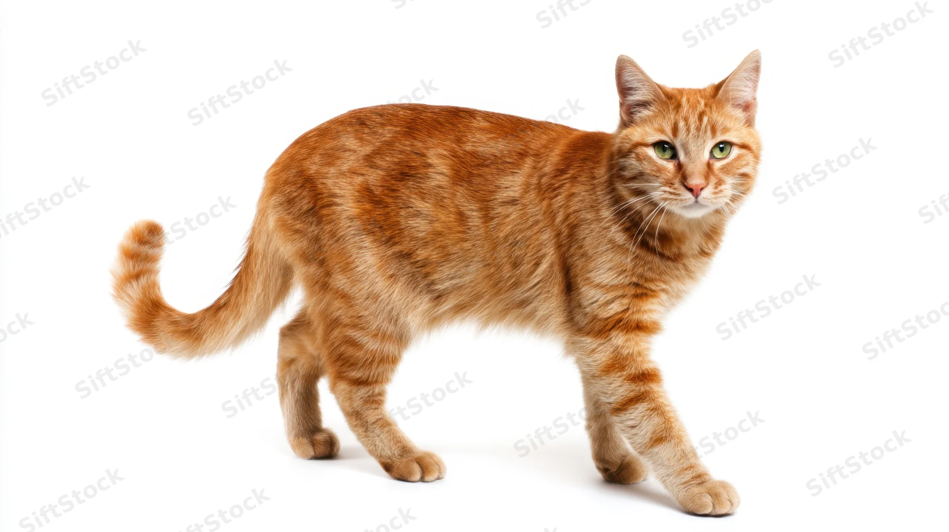 Ginger tabby cat walking on white background