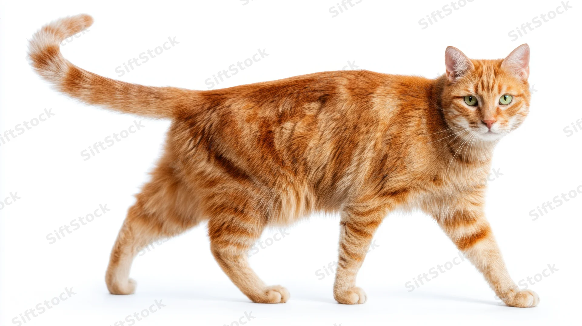 Ginger tabby cat walking in profile against white background