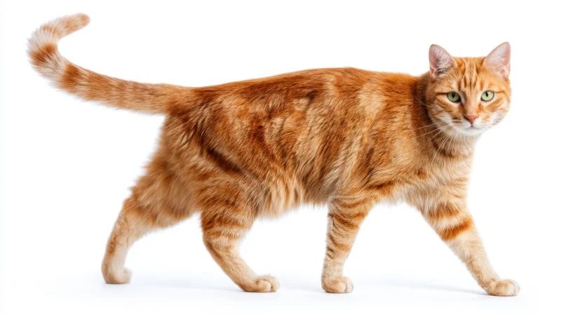 Ginger tabby cat walking in profile against white background