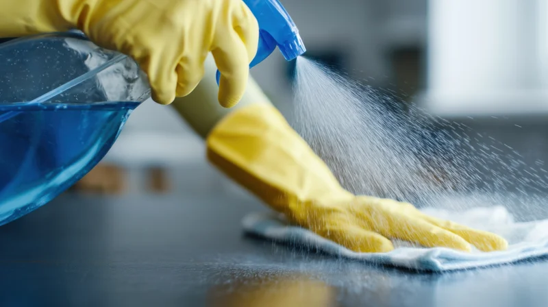 Gloved hand spraying disinfectant onto a cloth on a countertop