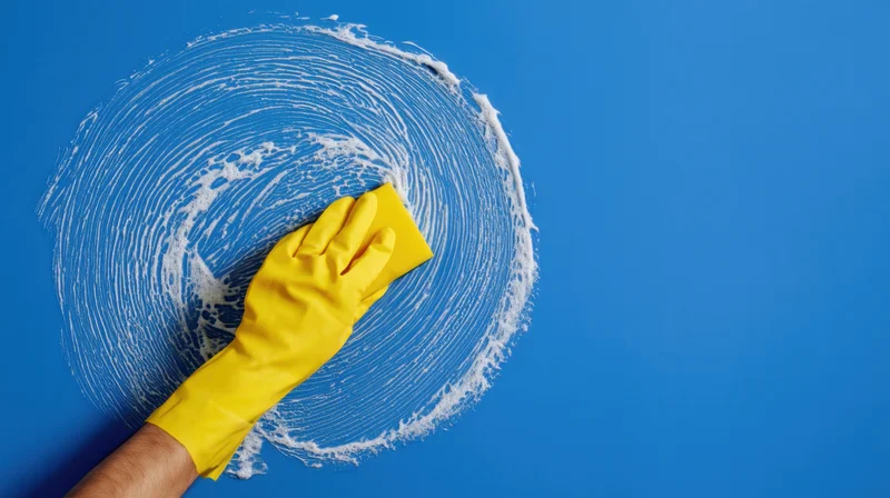 Hand in yellow glove scrubbing a soapy circular pattern on a blue surface