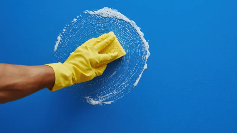 Hand in yellow rubber glove scrubbing blue surface with sponge and foam