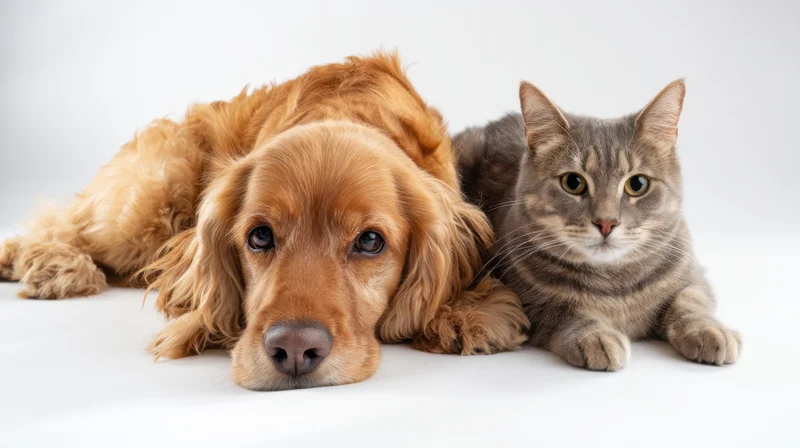 Golden cocker spaniel and tabby cat lying side by side on white background