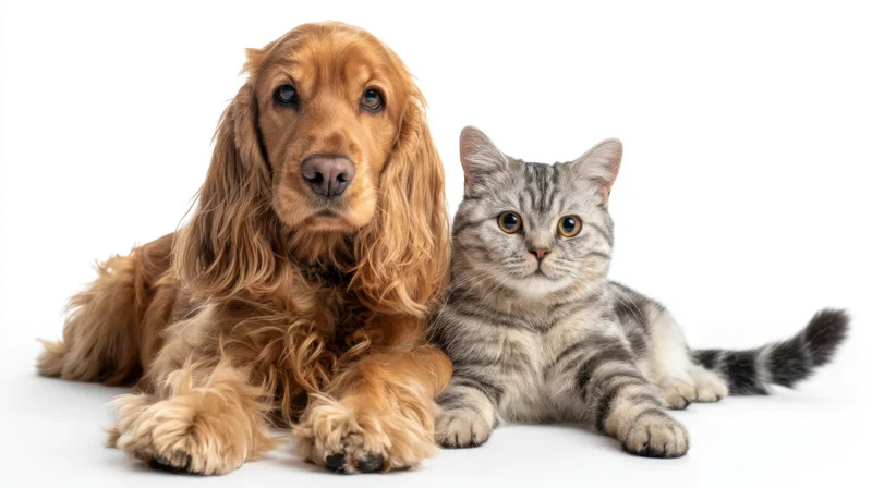 Golden cocker spaniel and tabby cat lying side by side on white background