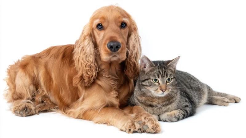 Golden cocker spaniel and tabby cat lying together on white background