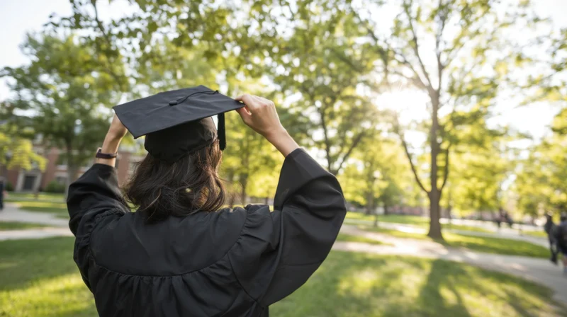 Woman in black graduation gown adjusting cap outdoors on campus