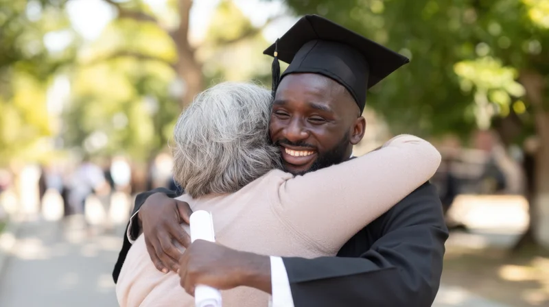 Graduate in cap and gown hugging his mother outdoors on campus