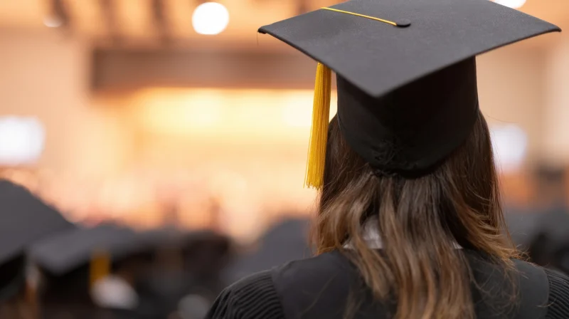 Graduate in cap and gown viewed from behind at commencement ceremony