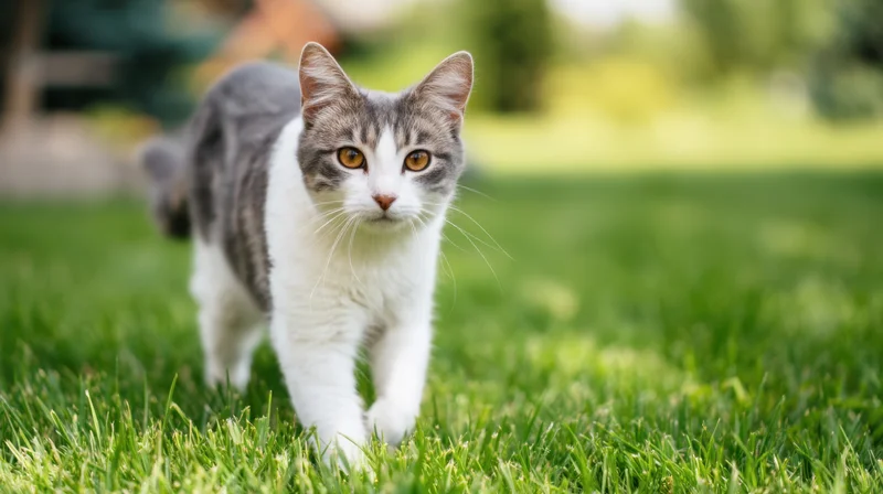 Gray and white cat walking on green grass in a garden