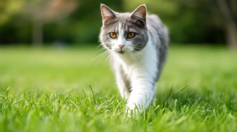 Gray and white cat walking on green grass in a garden