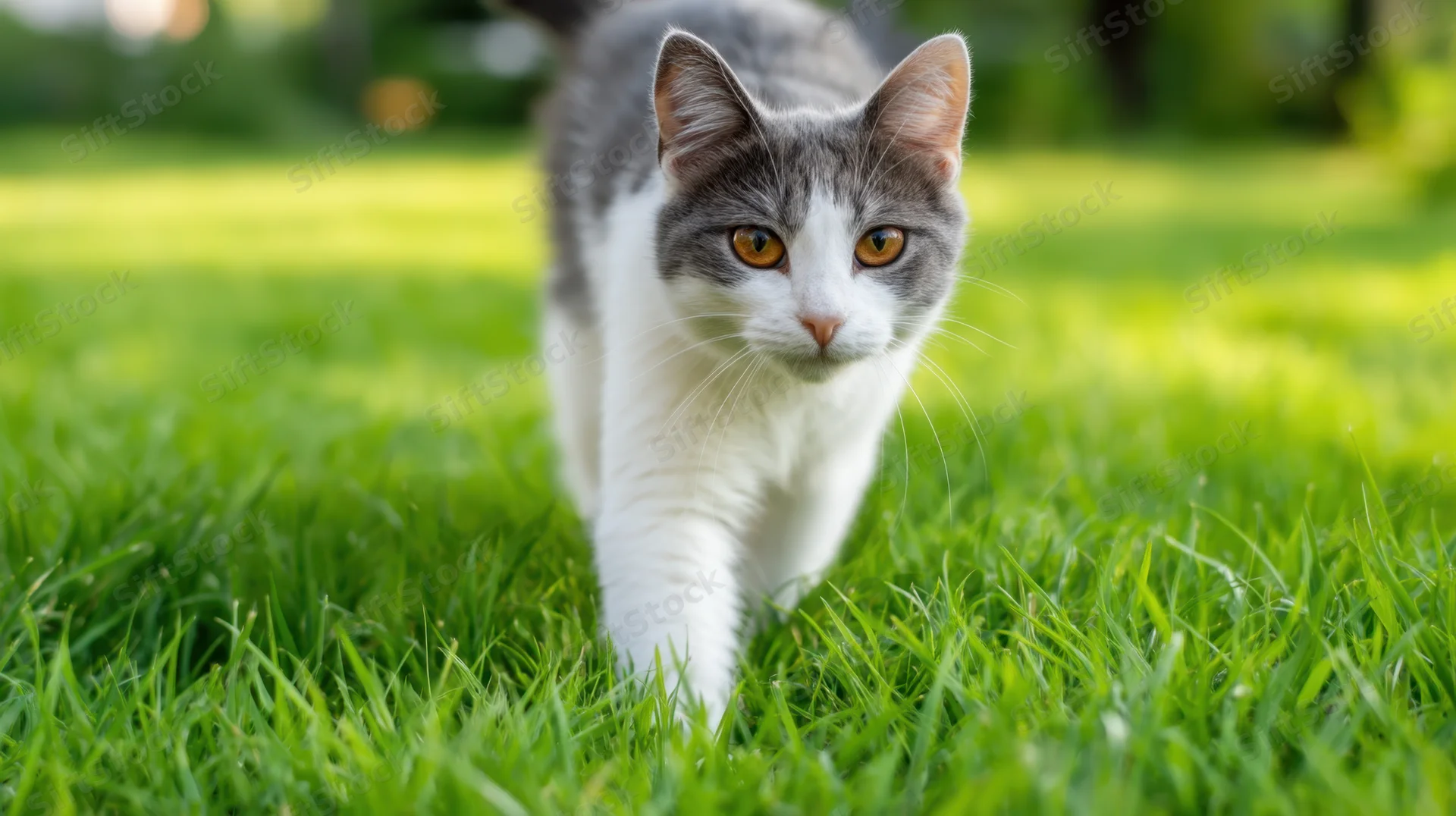 Gray and white cat walking on green grass in a garden