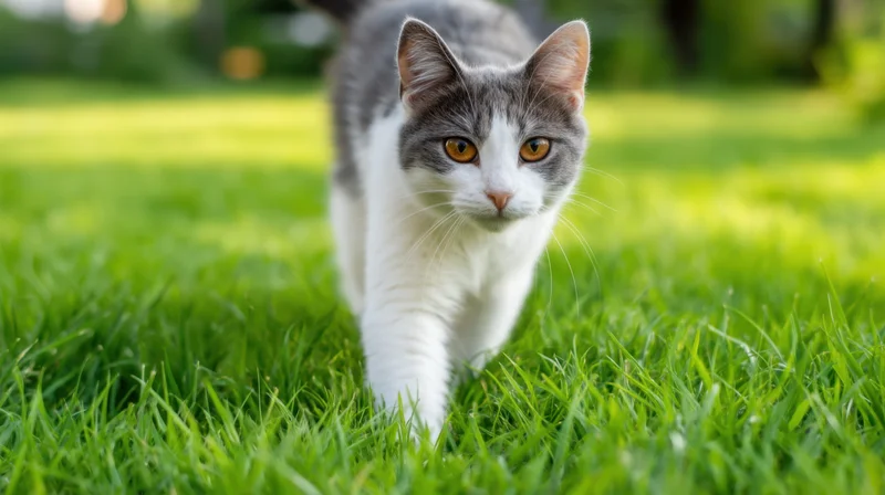 Gray and white cat walking on green grass in a garden