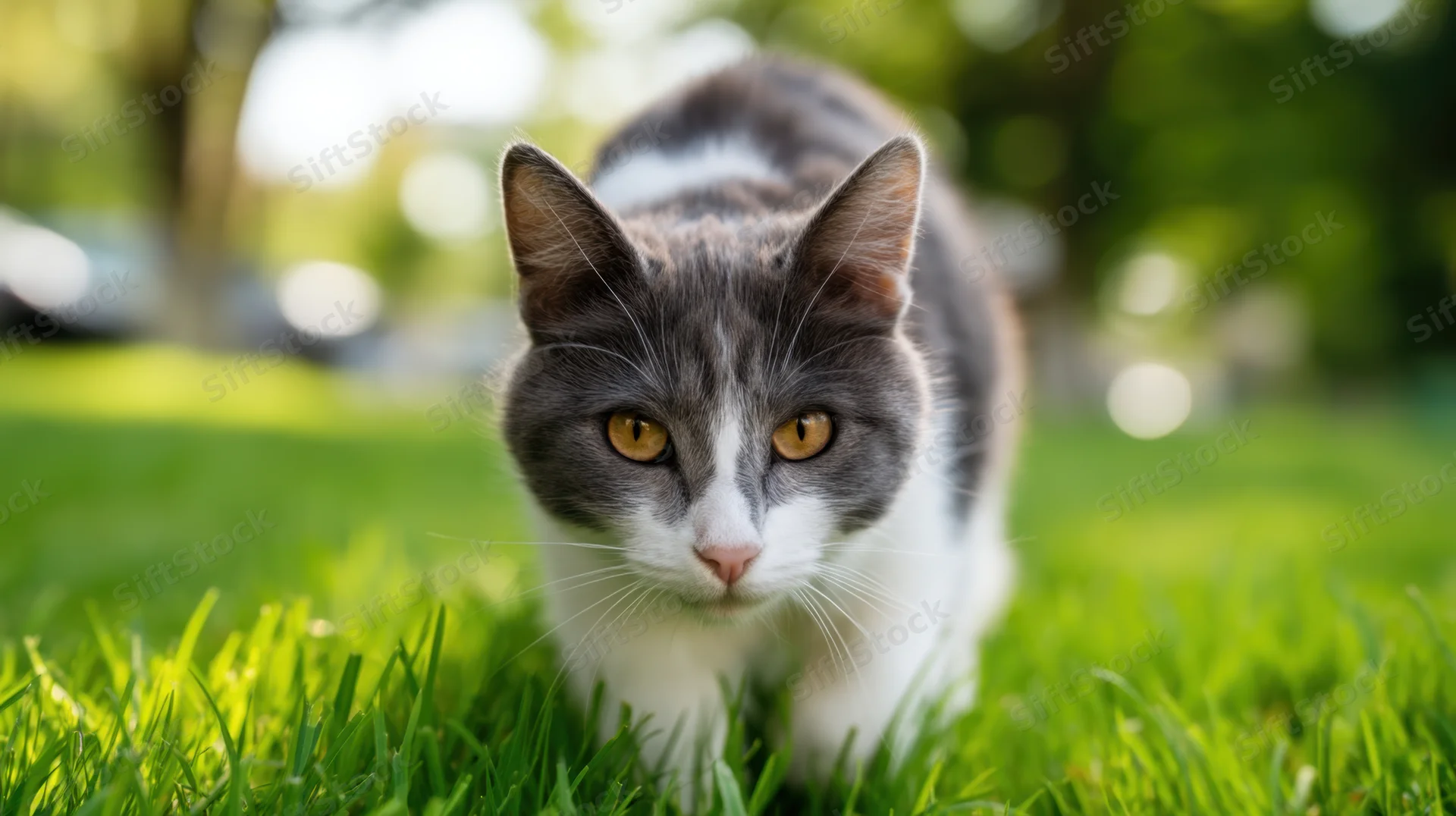 Gray and white cat walking on green grass in a park