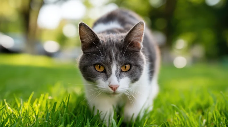 Gray and white cat walking on green grass in a park